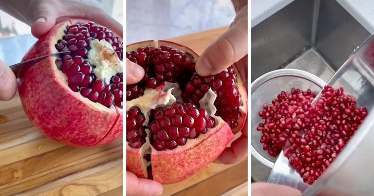 Collage Of Tiktok Showing How To De Seed A Pomegranate Via Tiktok S 1